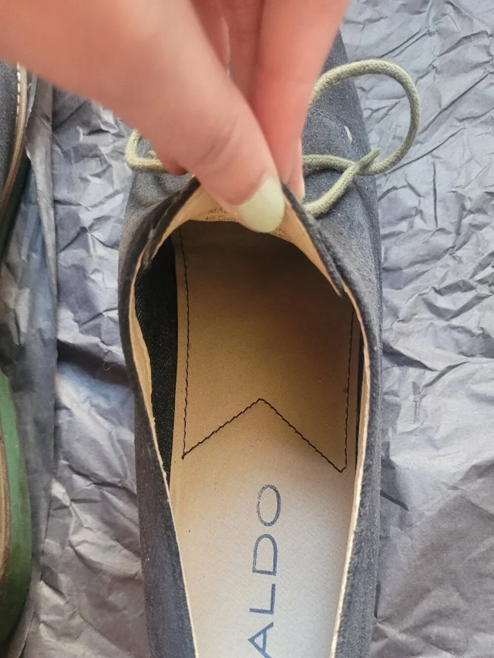 EUC Aldo Marg Lace Up Mens Shoes Navy Suede Light Green Soles Laces Size US 9.5